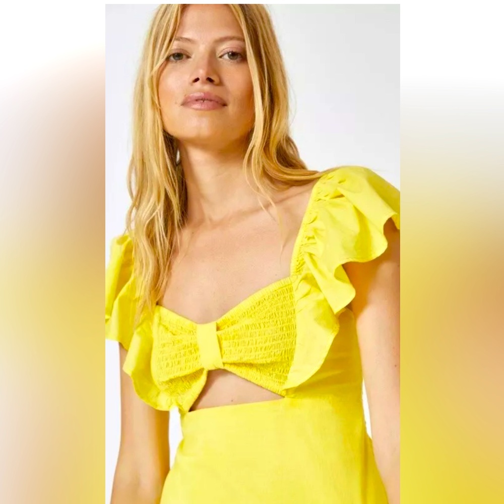 FARM Rio Yellow Ruffle Midi Dress with Bow - Picture 6 of 13